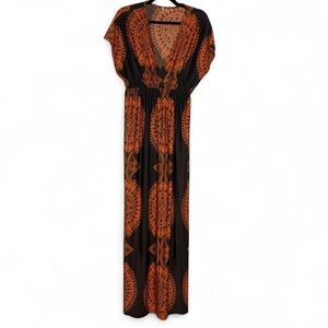 India Boutique Brown Maxi Dress with Orange Medallion Print